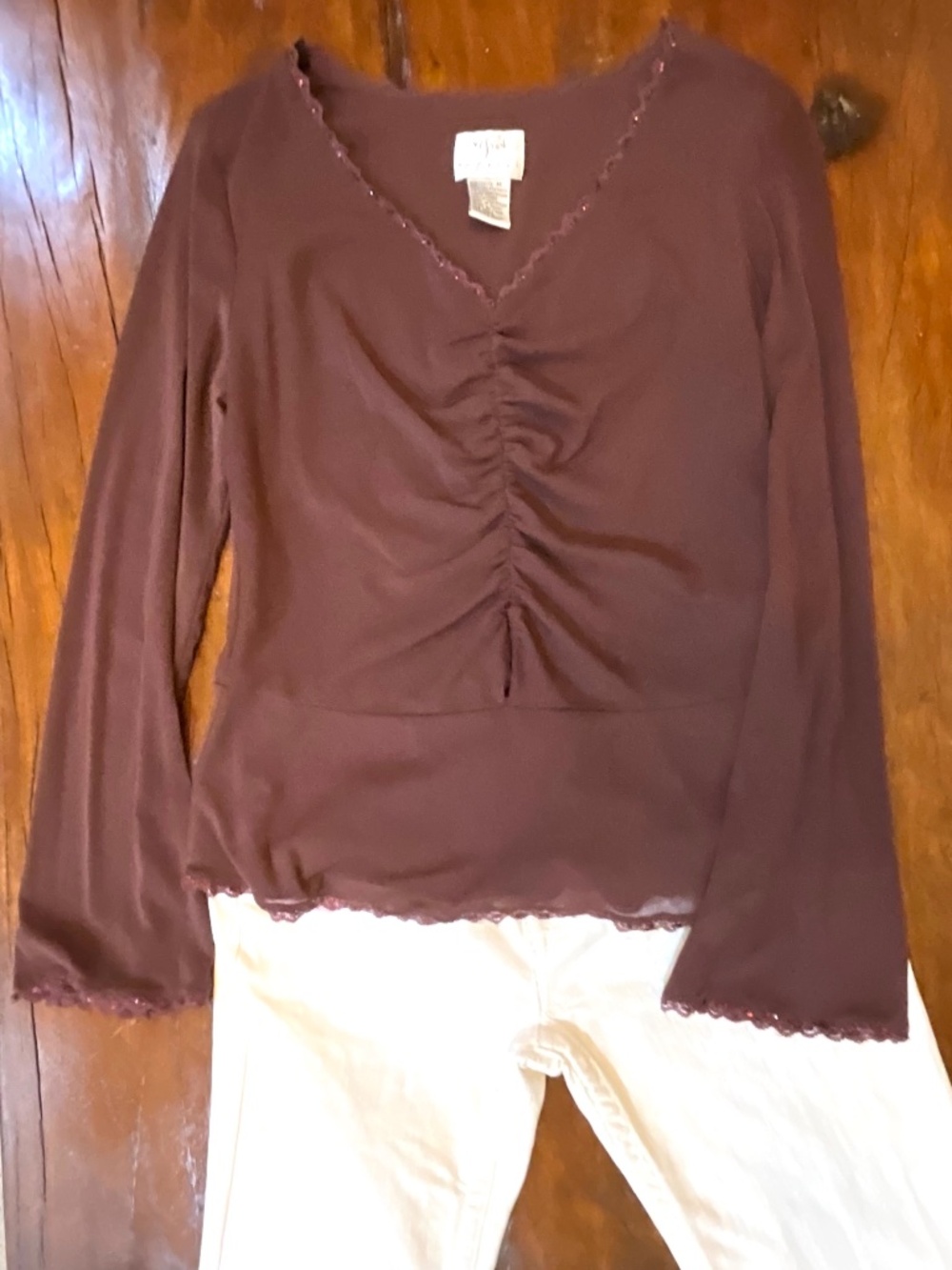 Vision Apparel Brown Stylish Lace Trimmed Long Sleeved Top. Sz M
